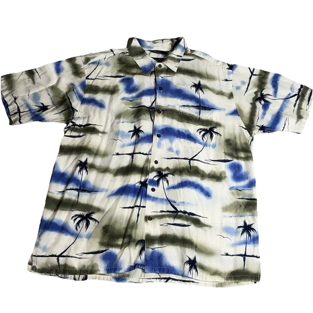 Vintage 90s Nautica Hawaiian Shirt Blue Green Men L Rayon Palm Trees